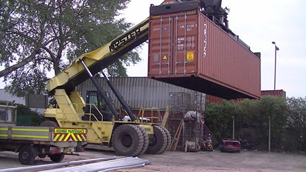 Container of irrigation equipment departing from Wright Rain